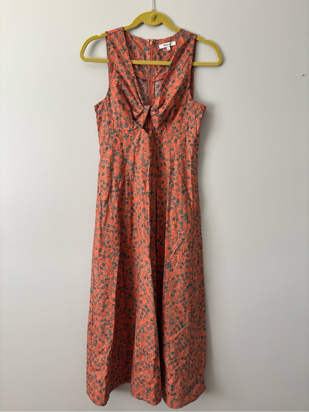 Madewell Coral Floral Twist-Front Tea Length Dress
